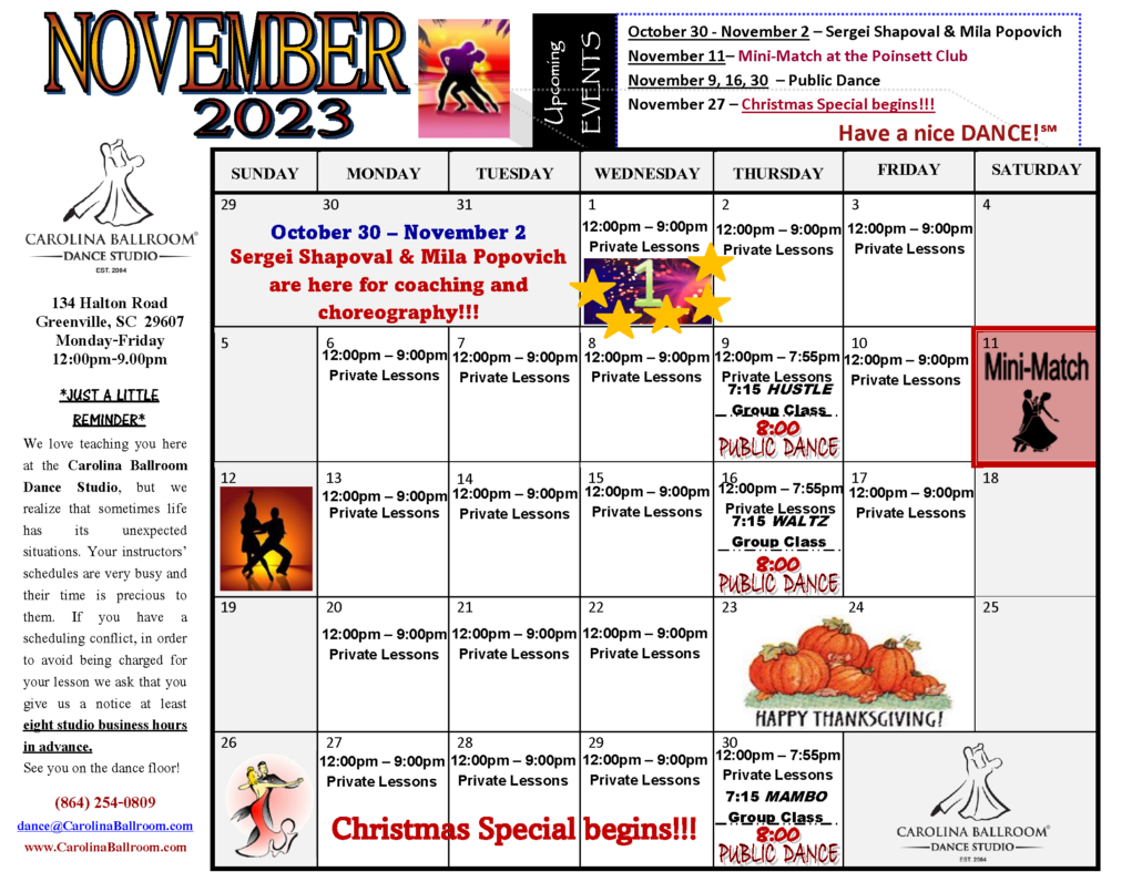 November 2023 Class Calendar